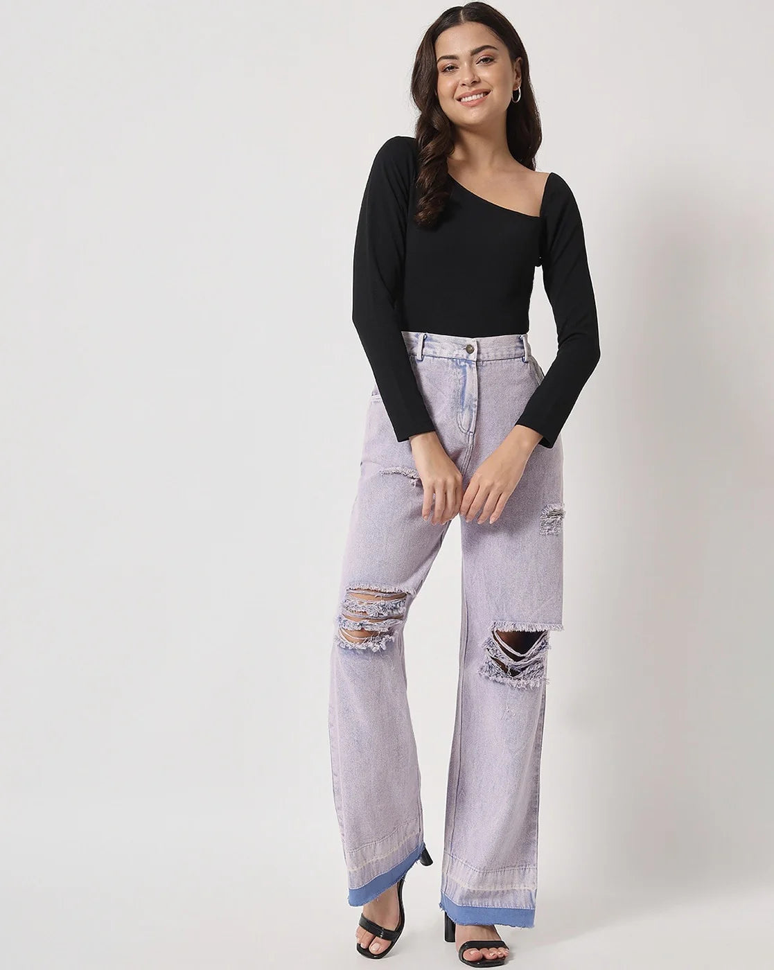Relaxed Fit Blue Flared Jeans with Distressed and Washed Shine Effect