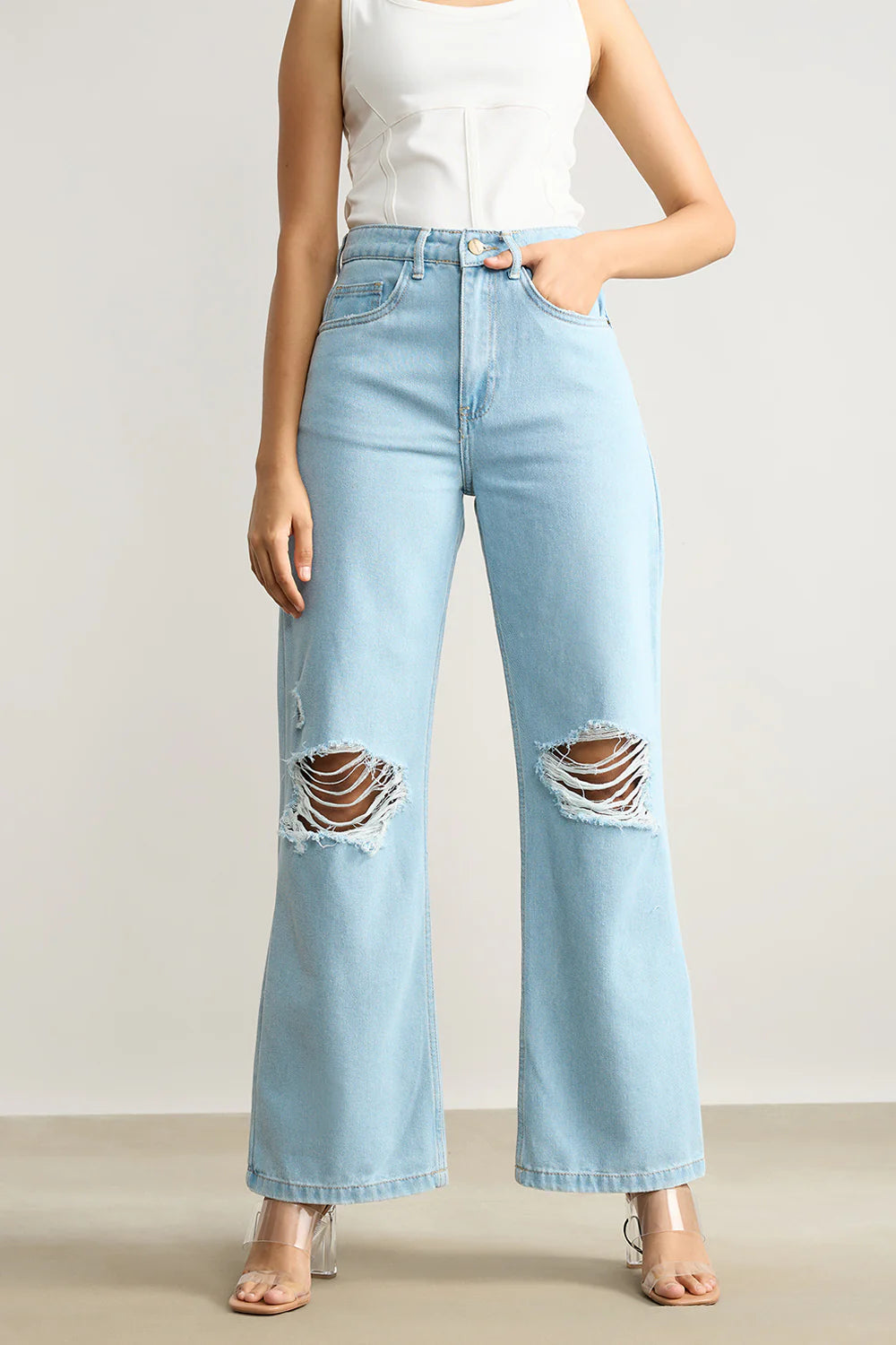 Trendy Light Blue High Waisted Distressed Women’s Wide Jeans with Relaxed Fit