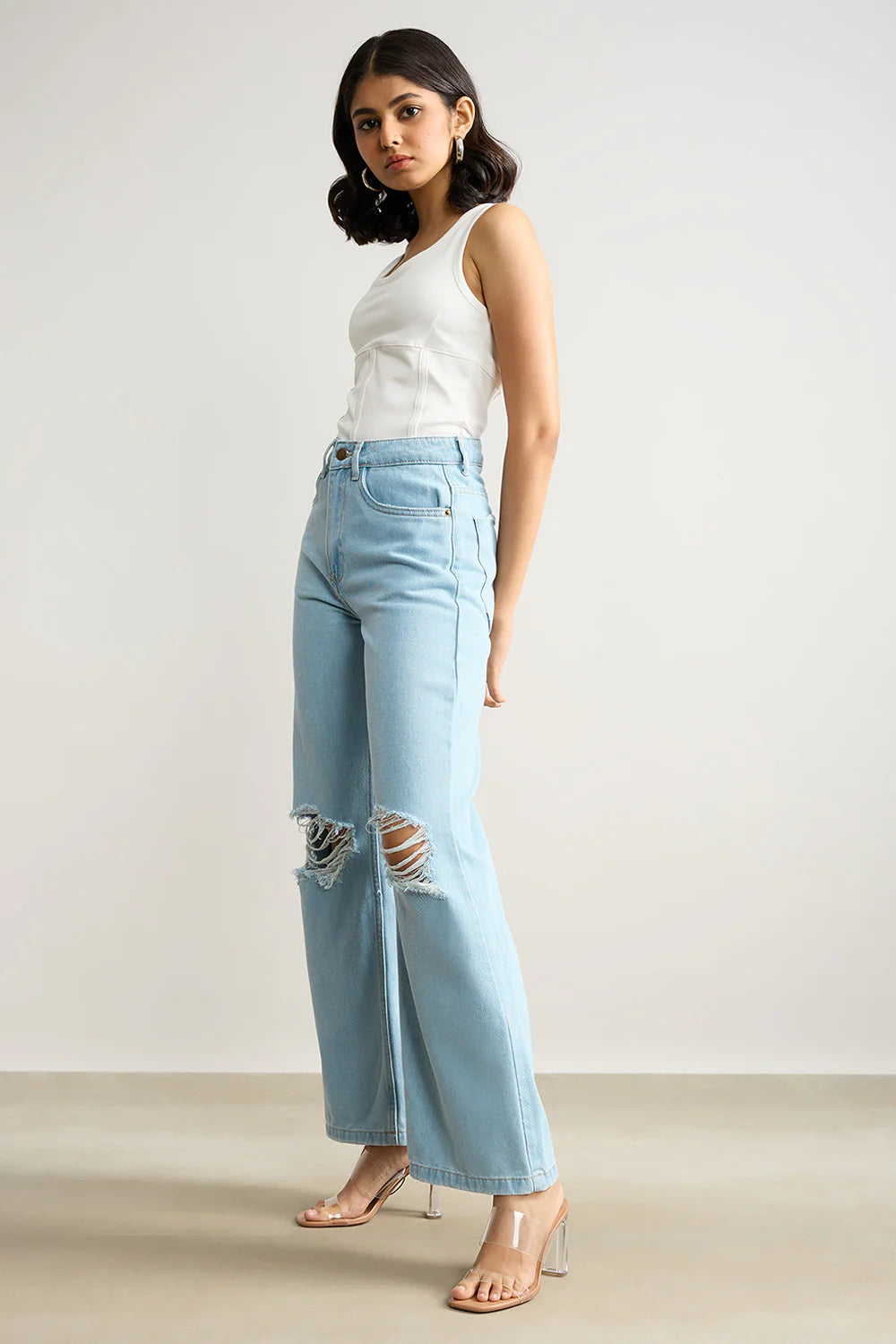 Trendy Light Blue High Waisted Distressed Women’s Wide Jeans with Relaxed Fit
