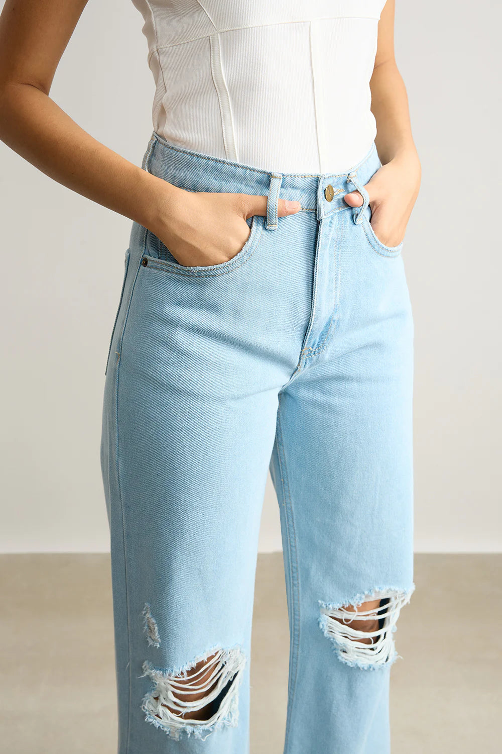 Trendy Light Blue High Waisted Distressed Women’s Wide Jeans with Relaxed Fit