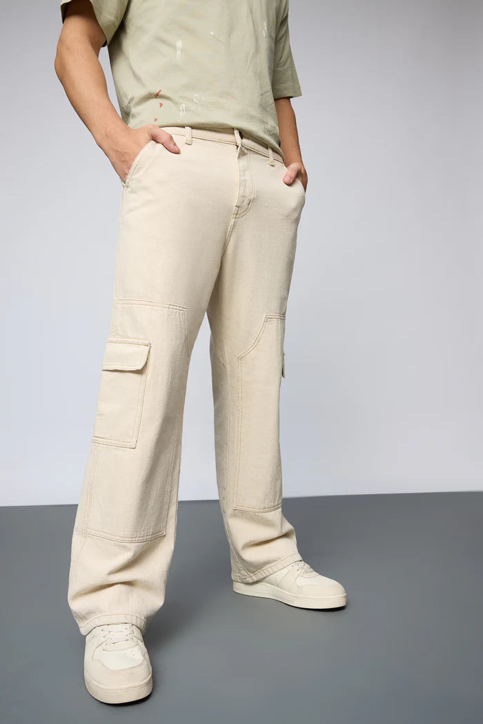 Urban Ecru Utility Straight Cargo Denim Jeans for Men with Modern and Stylish Look