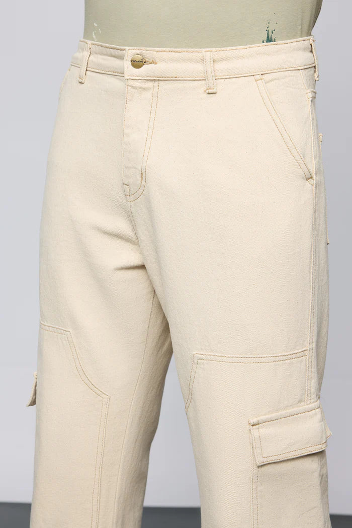 Urban Ecru Utility Straight Cargo Denim Jeans for Men with Modern and Stylish Look