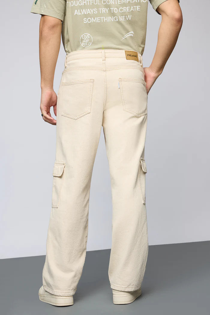 Urban Ecru Utility Straight Cargo Denim Jeans for Men with Modern and Stylish Look