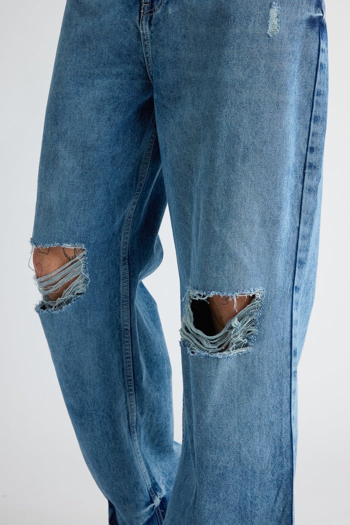 Mid Blue Distressed Straight Leg Jeans for Men with Classic and Contemporary Style