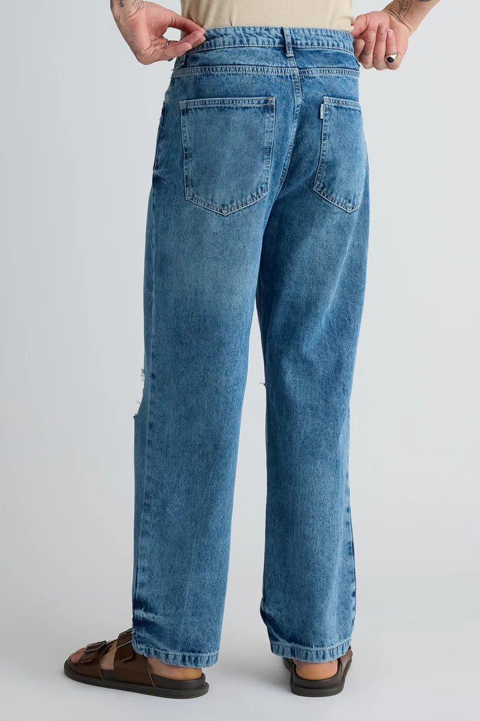 Mid Blue Distressed Straight Leg Jeans for Men with Classic and Contemporary Style