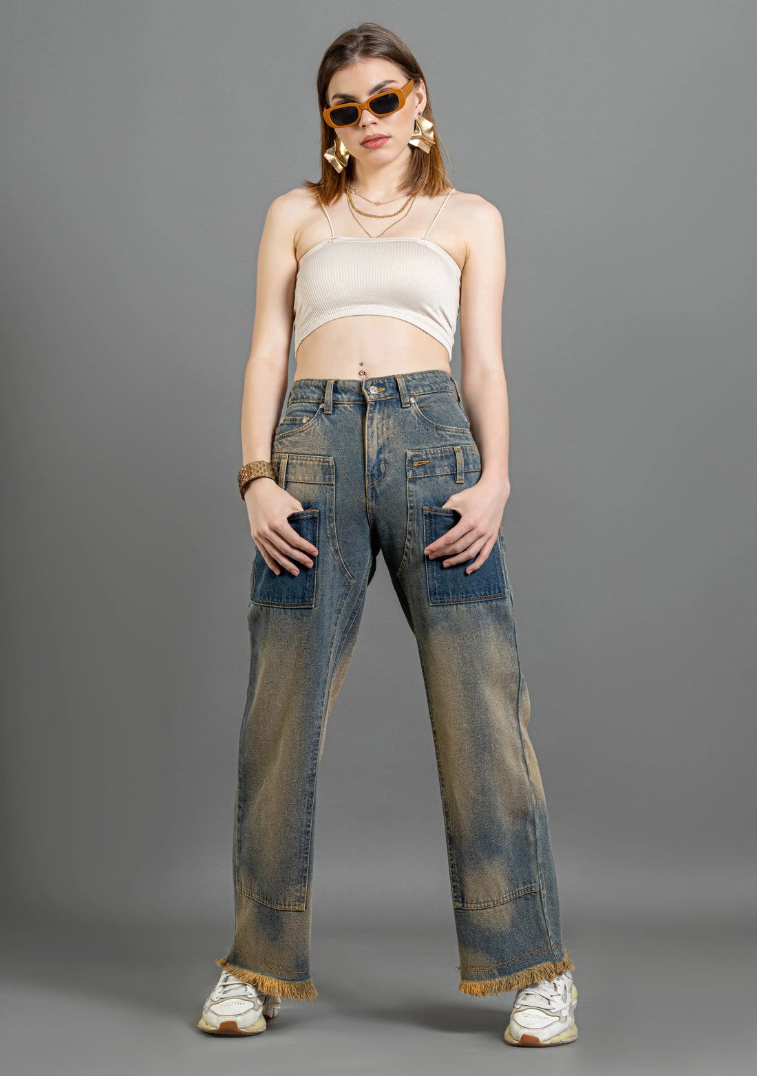 Modern Women’s Fashion Wide Leg Jeans in Beige and Blue Tone