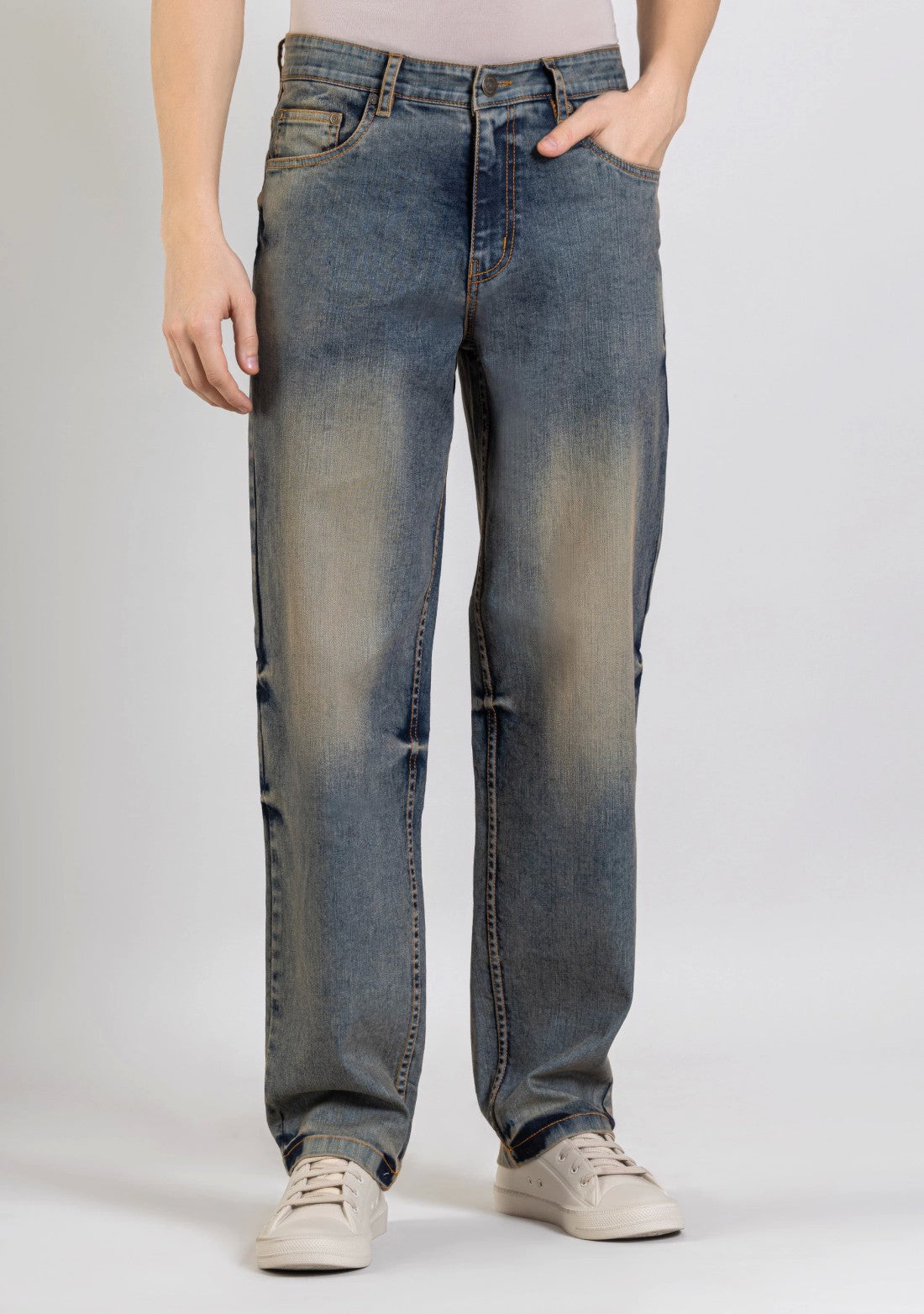 Blue Tinted Relaxed Straight Fit Jeans for Men with Durable Fabric and Trendy Appeal