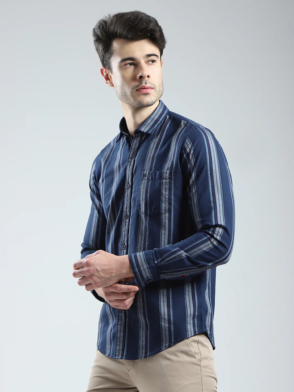 Fashionable Men’s Navy Blue Full Sleeve Shirt with Stripe Collar for Office and Casual Wear