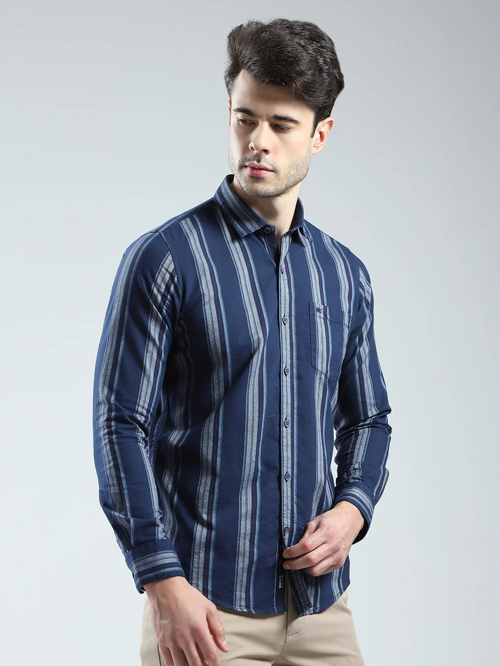 Fashionable Men’s Navy Blue Full Sleeve Shirt with Stripe Collar for Office and Casual Wear