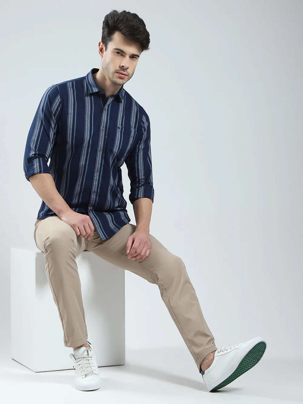 Fashionable Men’s Navy Blue Full Sleeve Shirt with Stripe Collar for Office and Casual Wear
