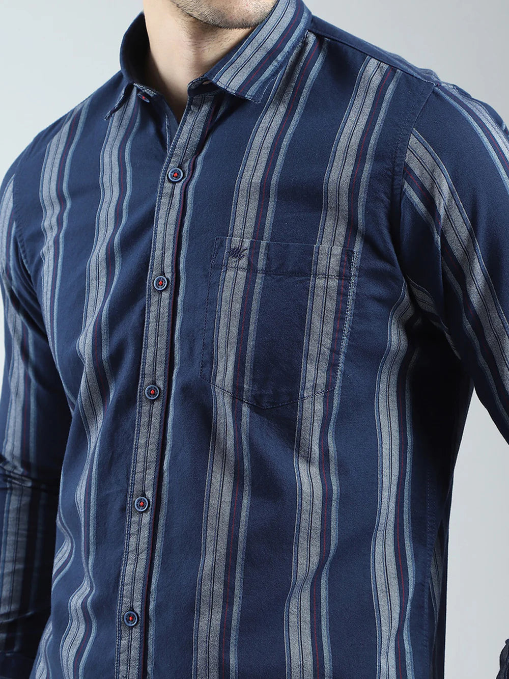 Fashionable Men’s Navy Blue Full Sleeve Shirt with Stripe Collar for Office and Casual Wear