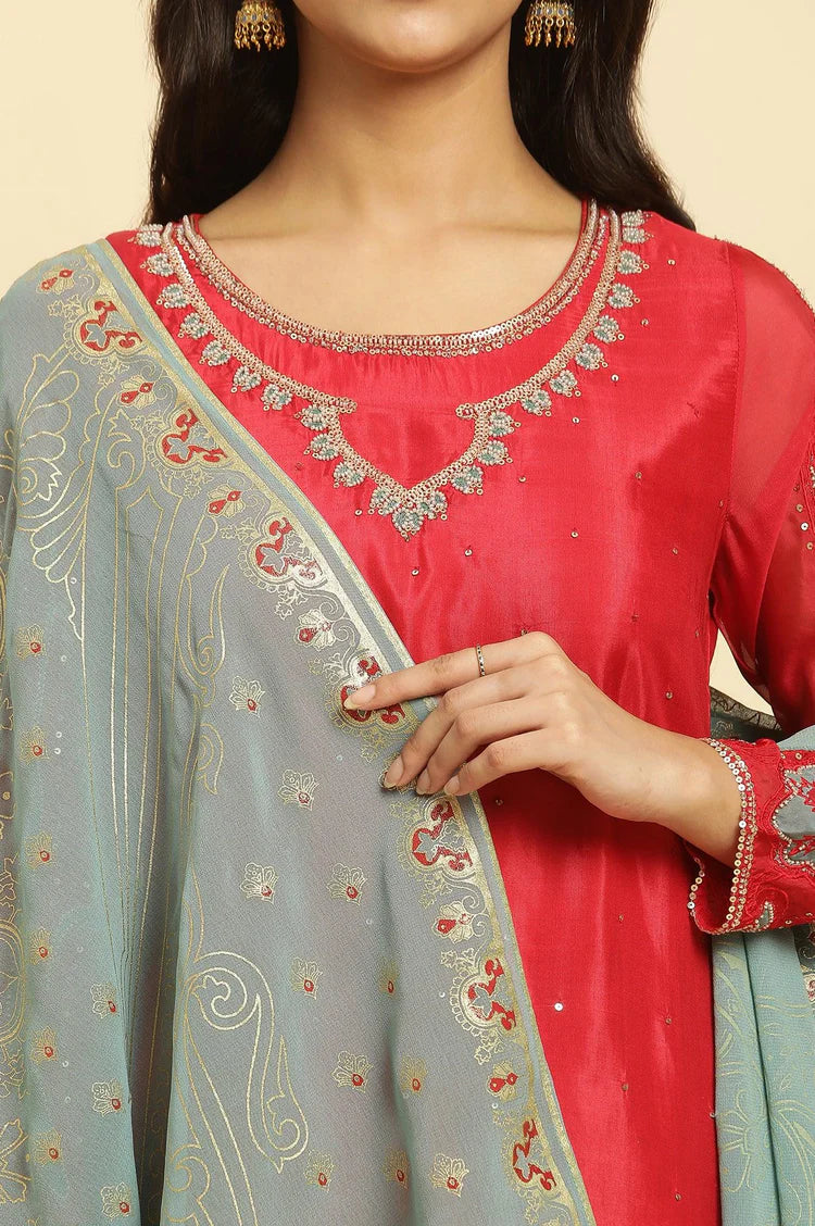 Designer Red Embellished Kurta Sharara Dupatta Set – Elegant Festive Outfit for Weddings, Parties & Celebrations