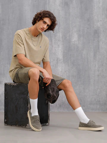 Khaki Oversized Pure Cotton T-Shirt for Men with Washed Effect and Printed Design – Relaxed Streetwear Casual Top