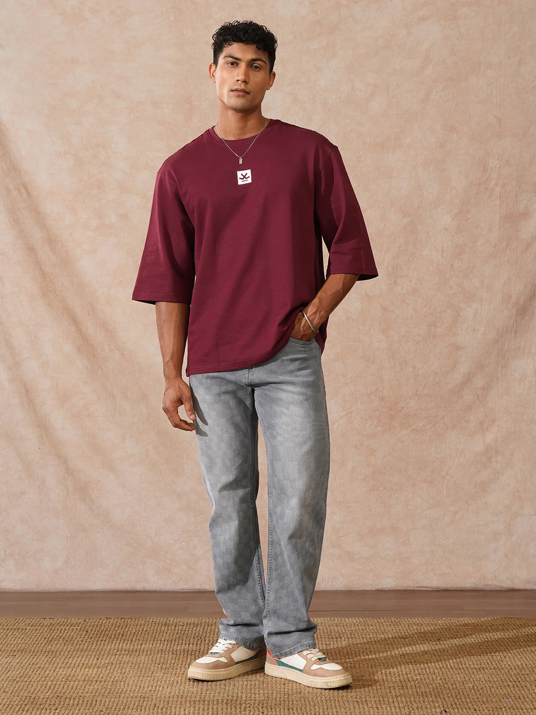 Solid Maroon 3/4th Sleeve T-Shirt for Women – Stylish Round Neck Casual Top for Everyday Wear and Layering
