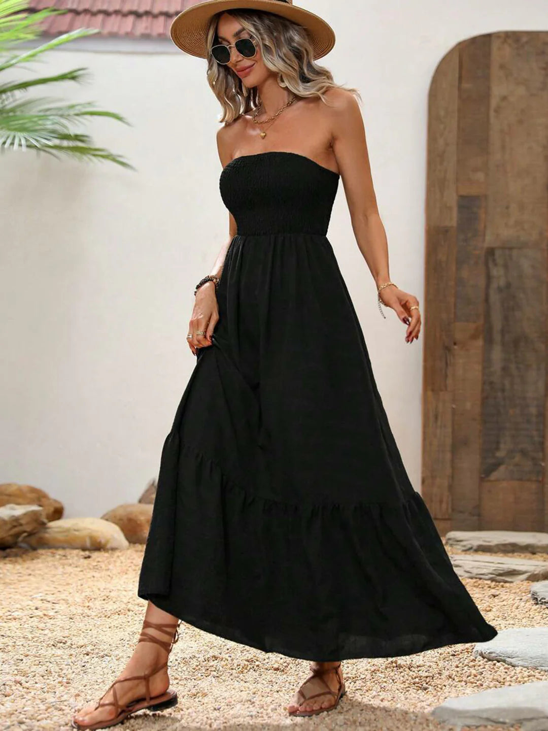 Women Black Solid Strapless Smocked A-Line Maxi Dress