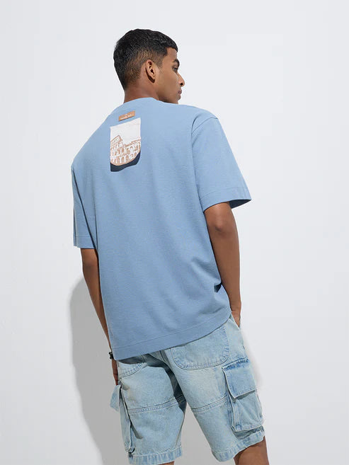 Men’s Blue Relaxed Fit Cotton T-Shirt with Typographic Print – Modern Graphic Tee for Streetwear and Everyday Style