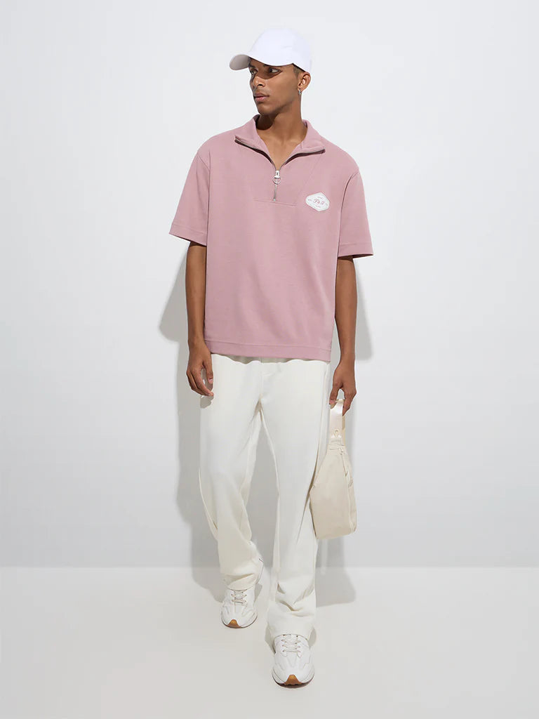 Studiofit Men’s Dusty Pink Quarter-Zip Relaxed Fit T-Shirt – Trendy Half Zip Tee for Everyday Casual and Athleisure Style