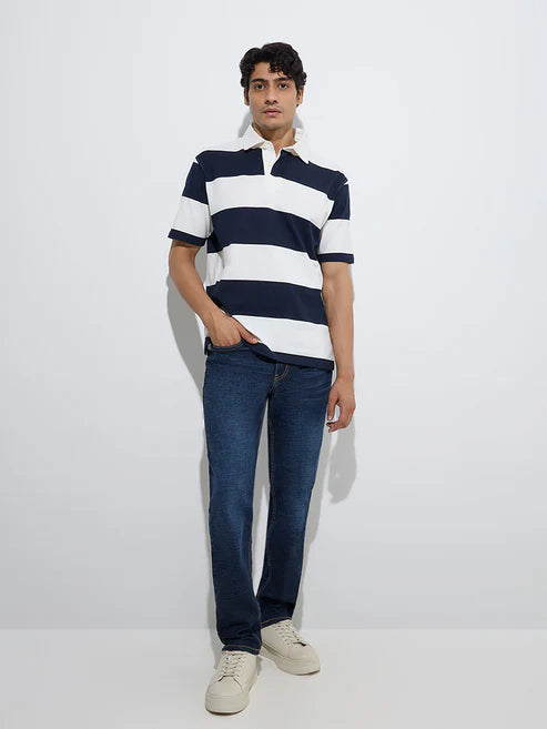 Navy Polo T-Shirt for Men in Cotton Blend Fabric – Relaxed Fit Everyday Casual Wear with Collar and Button Placket