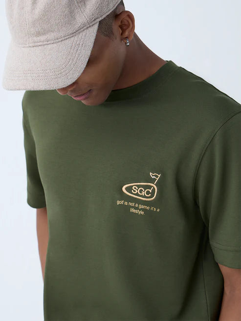 Olive Green Text Print Relaxed Fit Cotton Blend T-Shirt for Men – Comfortable Casual Wear with Modern Graphic Design