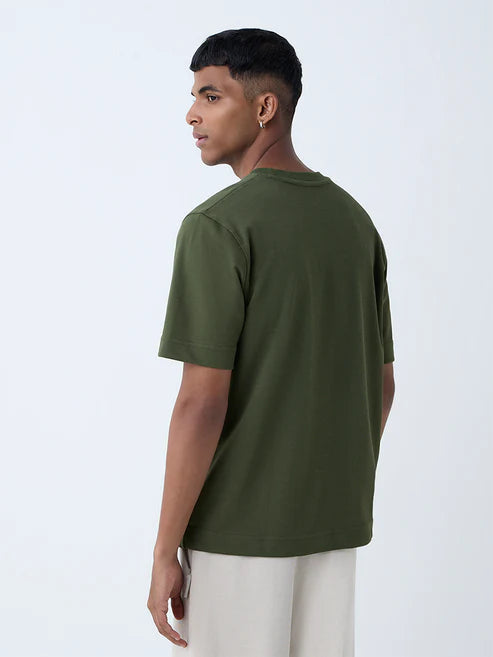 Olive Green Text Print Relaxed Fit Cotton Blend T-Shirt for Men – Comfortable Casual Wear with Modern Graphic Design
