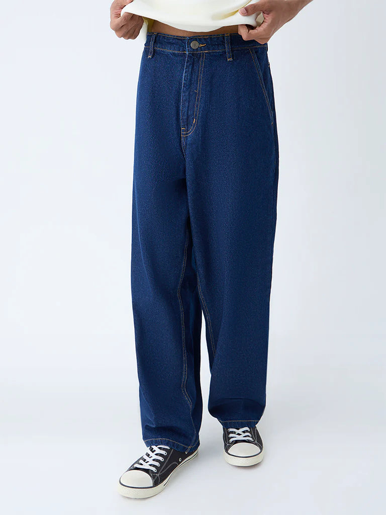 Dark Blue Loose Fit Mid Rise Jeans for Men with Comfortable and Relaxed Style