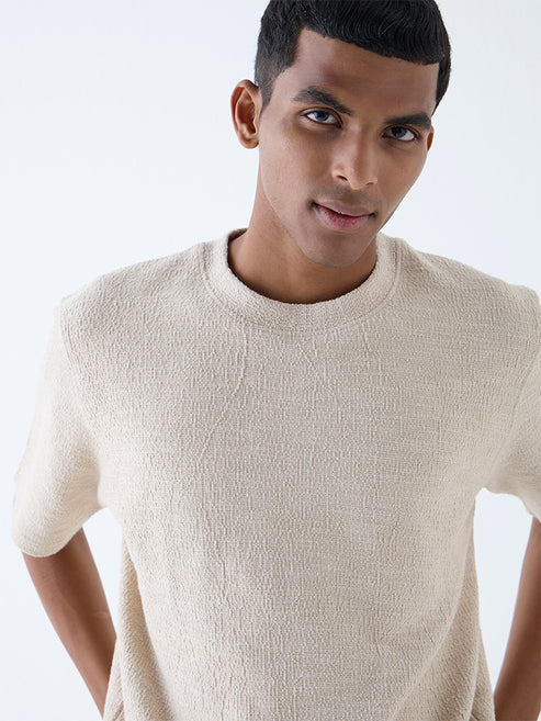 Men’s Beige Relaxed Fit Cotton Blend T-Shirt with Self-Texture – Stylish Minimal Casual Top for Daily and Weekend Outfits