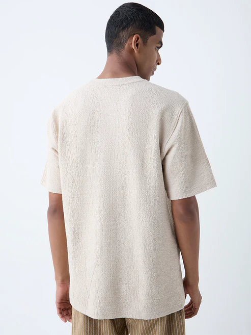 Men’s Beige Relaxed Fit Cotton Blend T-Shirt with Self-Texture – Stylish Minimal Casual Top for Daily and Weekend Outfits