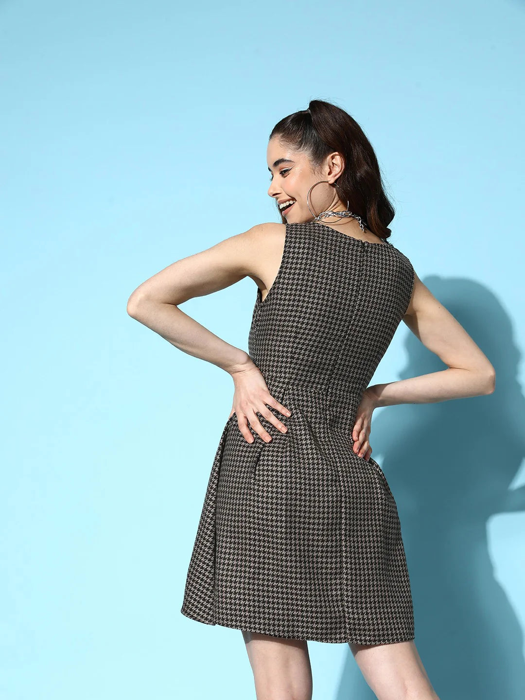 Brown & Black Checked Pattern Round Neck Sleeveless Cotton Flared A-Line Mini Dress