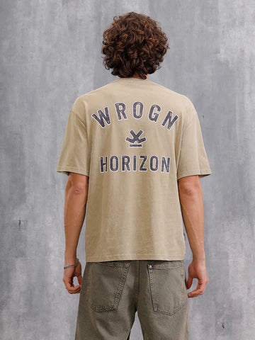 Khaki Oversized Pure Cotton T-Shirt for Men with Washed Effect and Printed Design – Relaxed Streetwear Casual Top