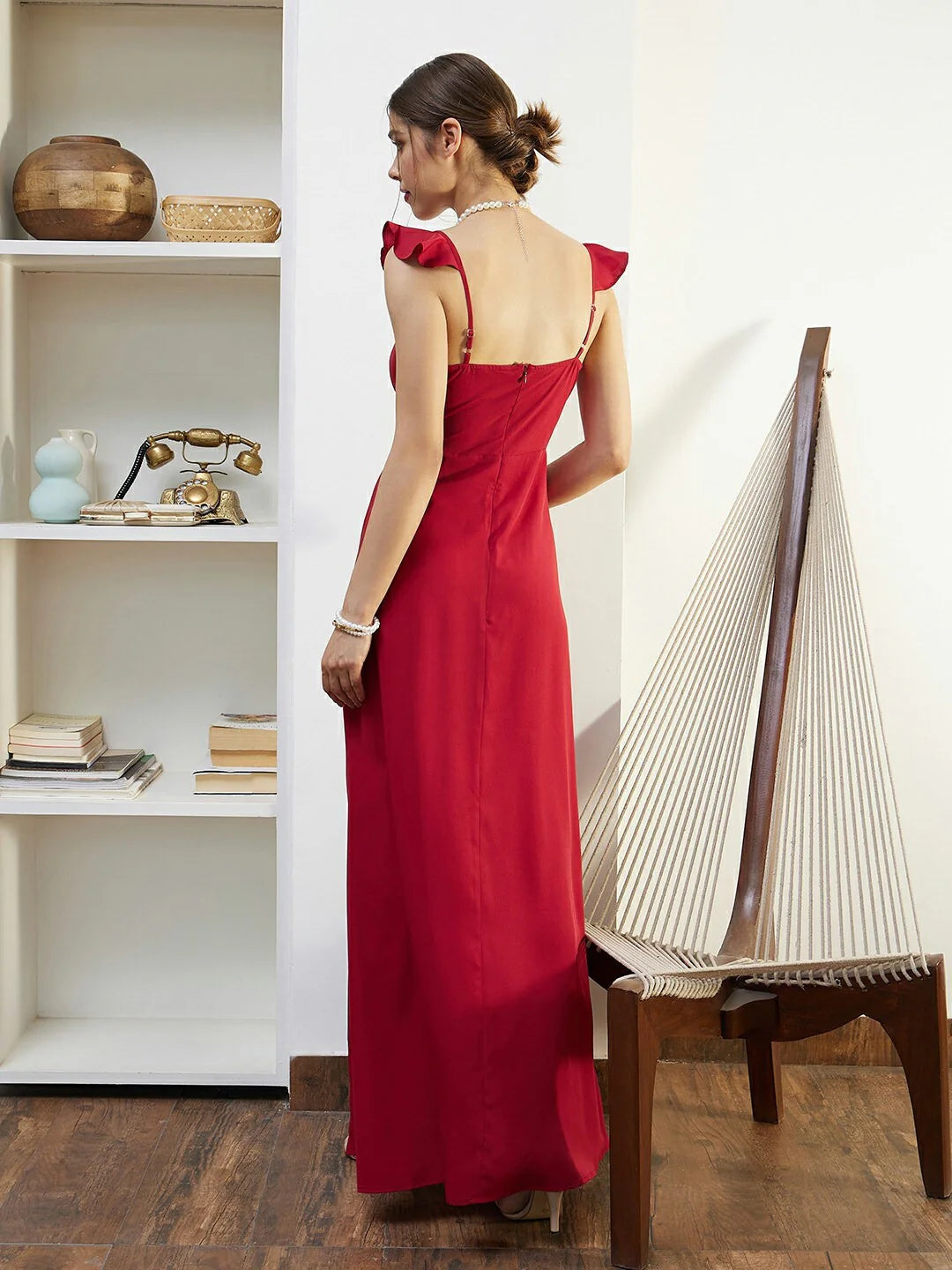 Chic Red Cut-Out Maxi Dress with Sweetheart Neck, Back Tie-Up, and Flattering Thigh-High Slit Straight Hem