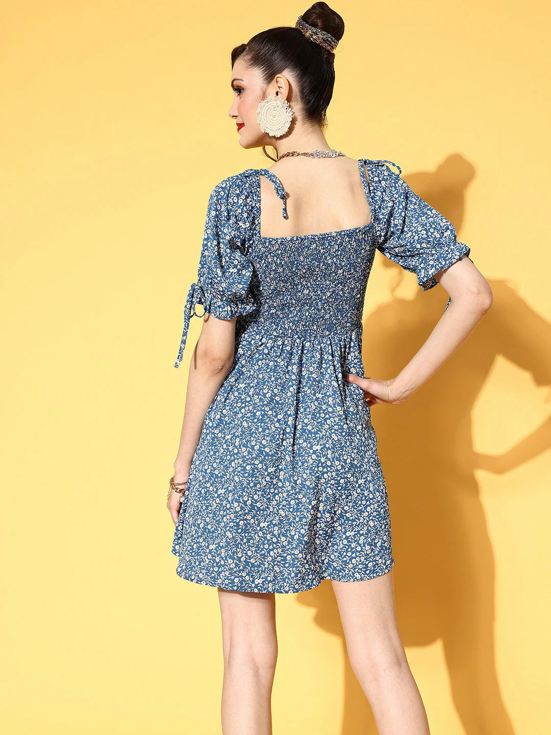 Blue & White Floral Printed Square Neck Smocked Back Crepe A-Line Mini Dress
