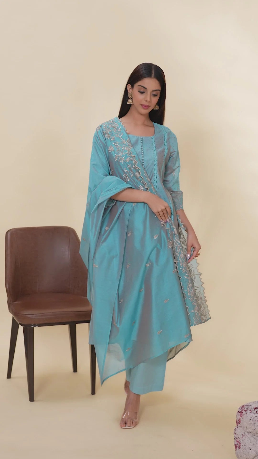 Women’s Turquoise Chanderi Kalidar Kurta Palazzo and Dupatta Suit Set with Elegant Embroidery