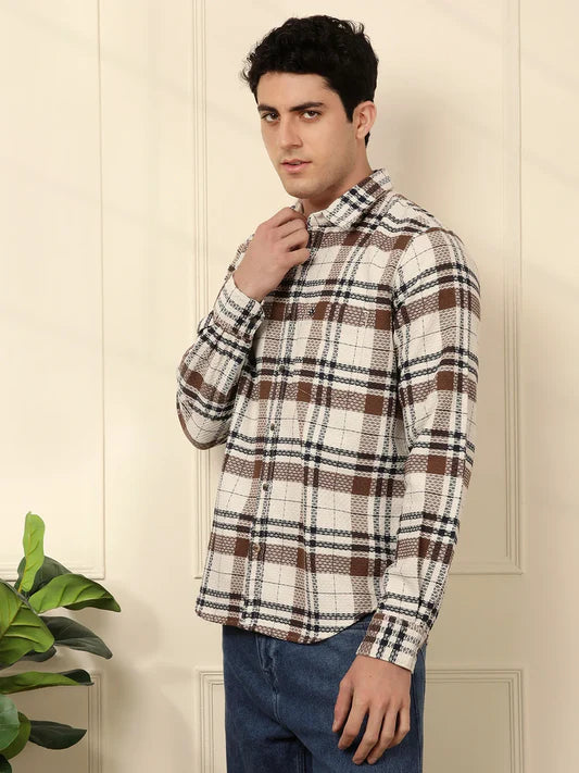 Men’s Brown Checked Dobby Pattern Slim Fit Casual Shirt for Everyday Wear