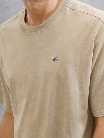 Khaki Oversized Pure Cotton T-Shirt for Men with Washed Effect and Printed Design – Relaxed Streetwear Casual Top
