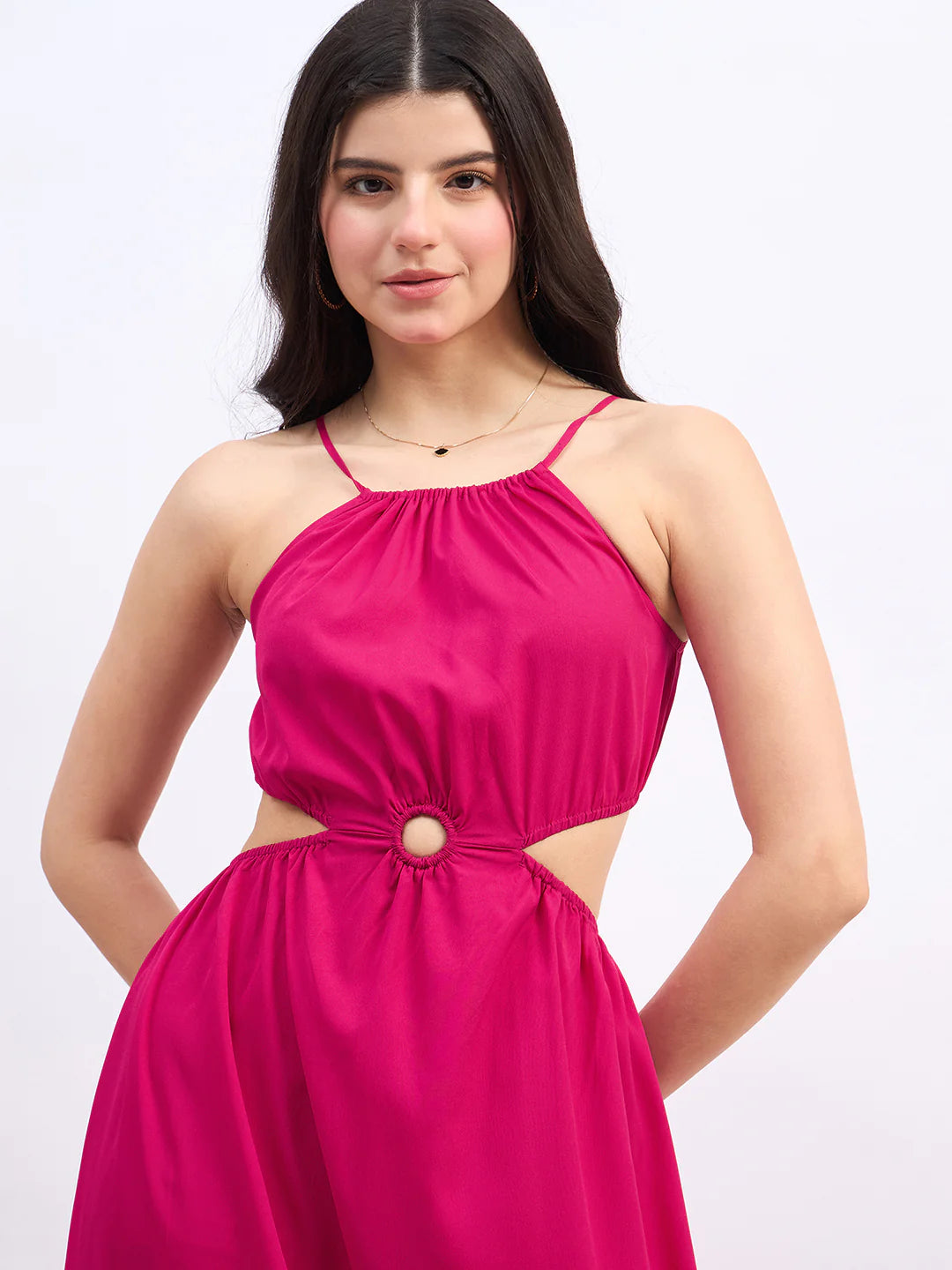 Women’s Solid Pink Halter Neck Maxi Dress with Sleeveless Design, Back Tie-Up, and Pleated Fit & Flare Silhouette