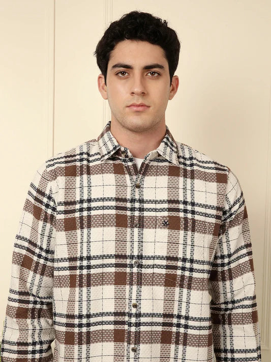 Men’s Brown Checked Dobby Pattern Slim Fit Casual Shirt for Everyday Wear