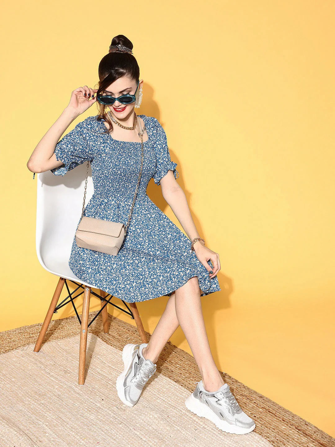 Blue & White Floral Printed Square Neck Smocked Back Crepe A-Line Mini Dress