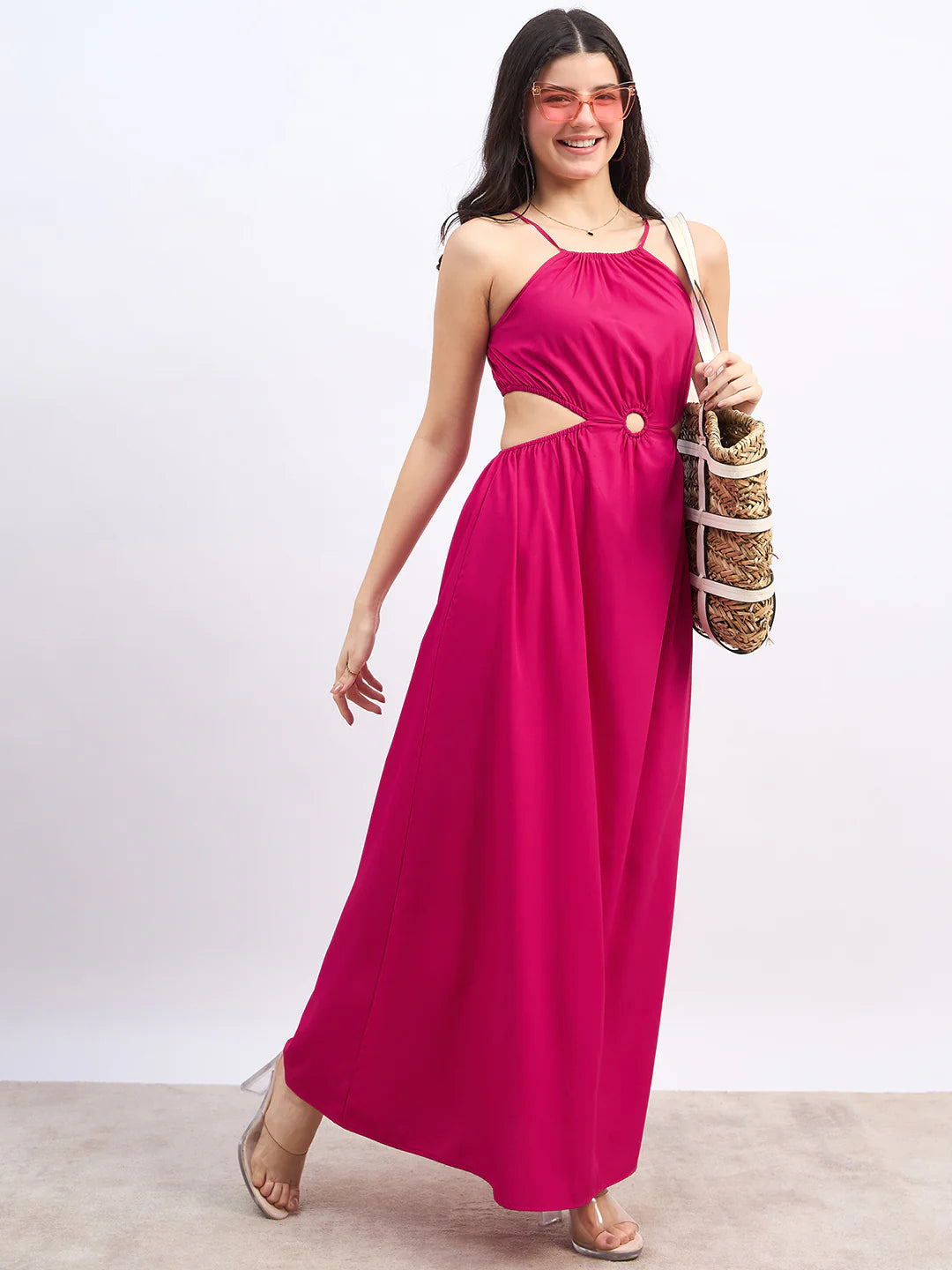 Women’s Solid Pink Halter Neck Maxi Dress with Sleeveless Design, Back Tie-Up, and Pleated Fit & Flare Silhouette