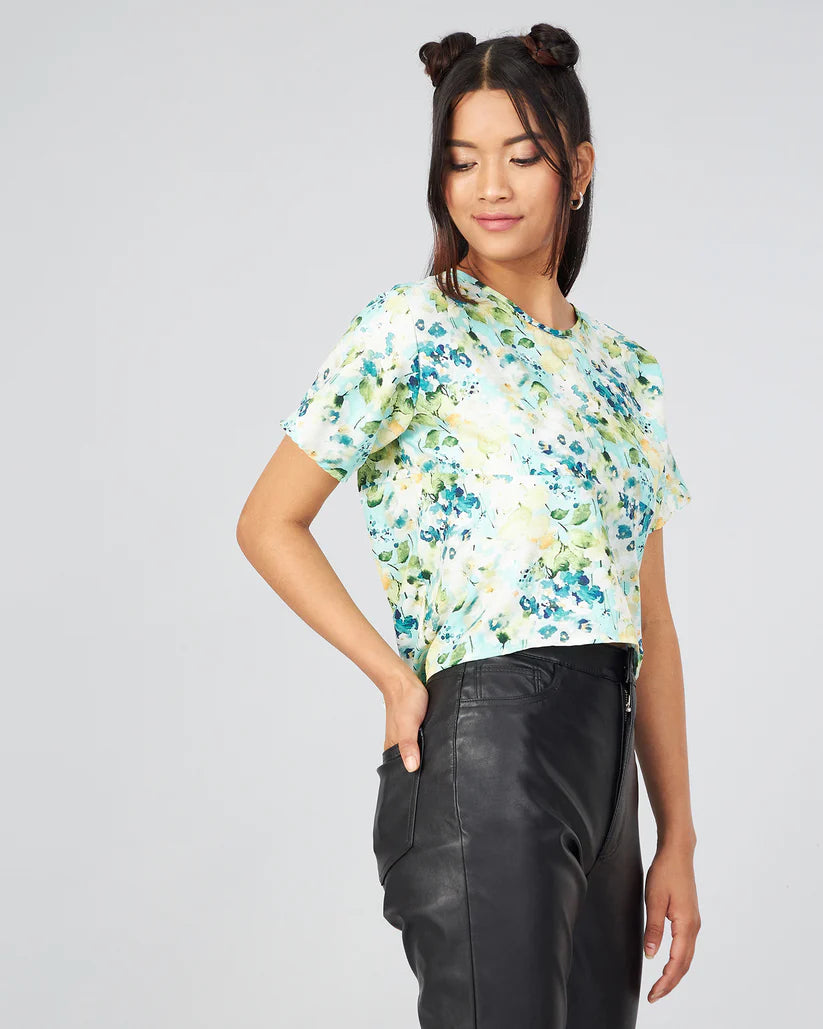 Lightweight Sky Blue Top with Floral Print and Open Back for Women