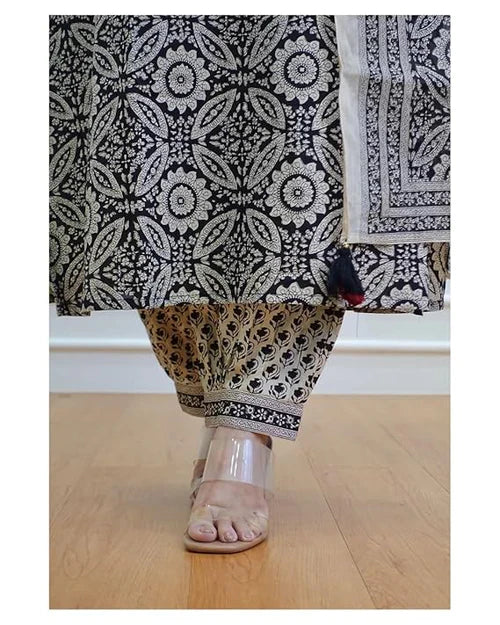Stylish Black & Off White Floral Afghani Kurti Pant Dupatta Suit Set for Women