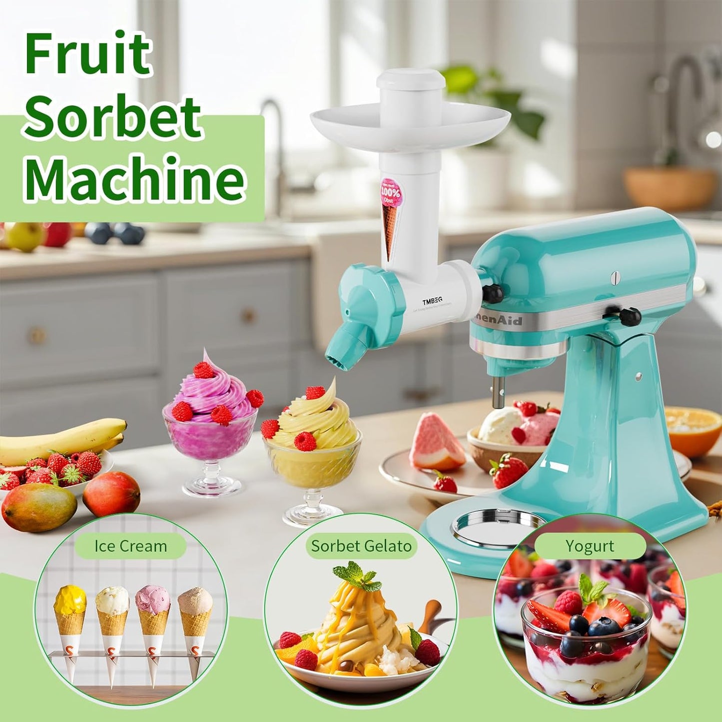 Ice Cream Maker Attachment for KitchenAid Stand Mixer Soft Serve Frozen Yogurt and Sorbet Machine Dishwasher Safe