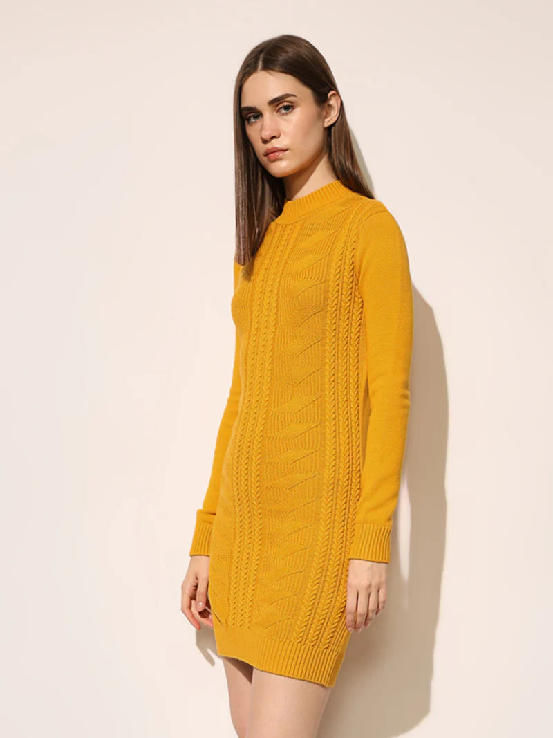 Partywear Mustard Cable Knit Bodycon Dress with Figure Hugging Fit