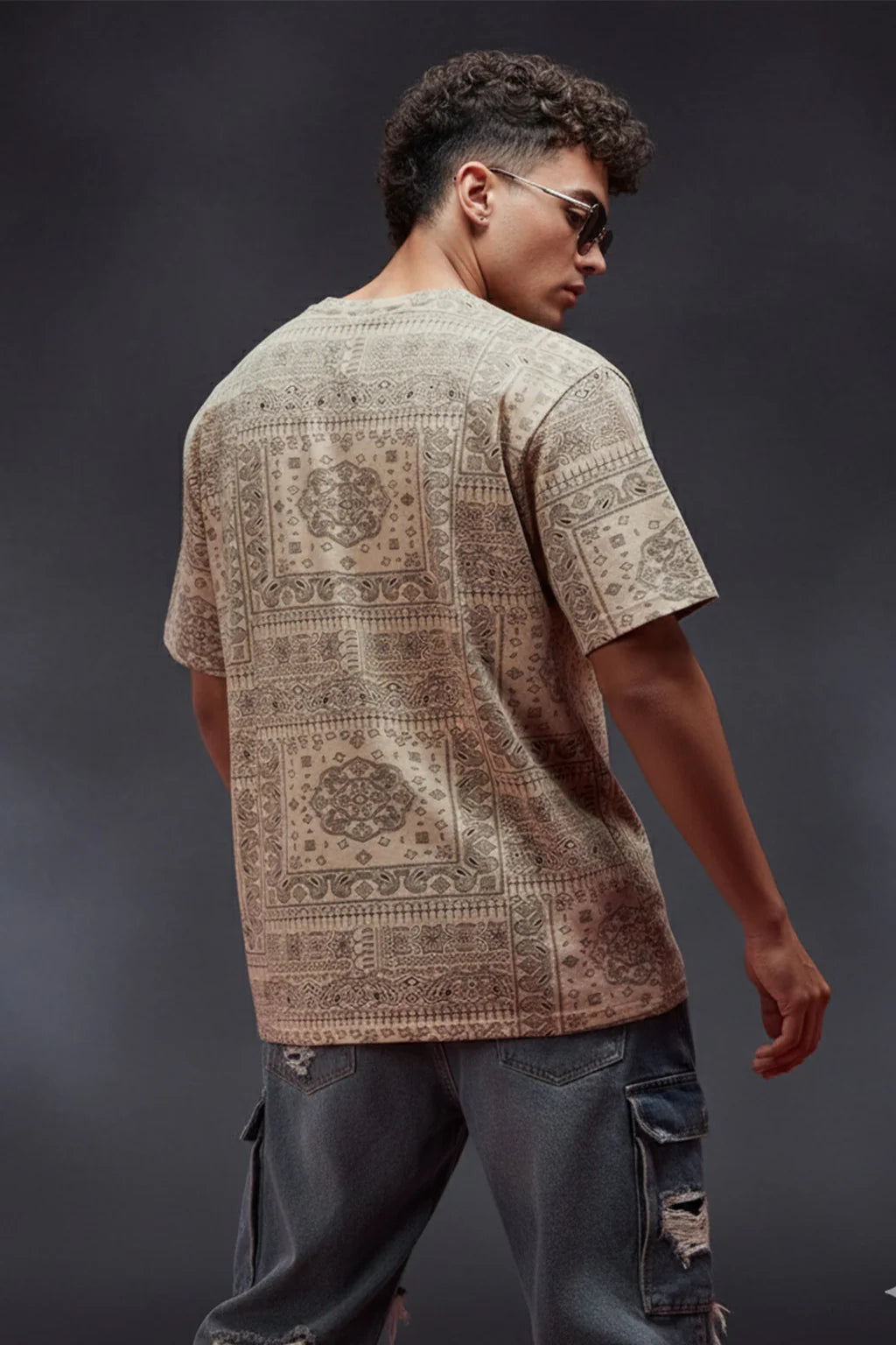 Men’s Relaxed Fit Beige Oversized T-Shirt with All Over Paisley Design