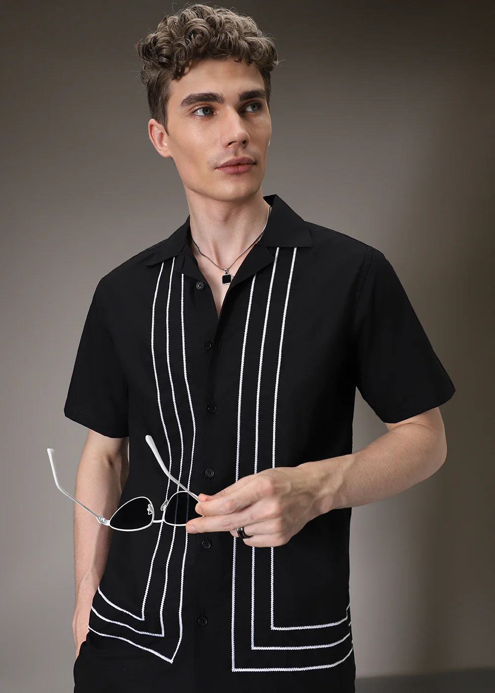 Elegant Black Embroidered Shirt for Men Featuring Modern Line Detailing