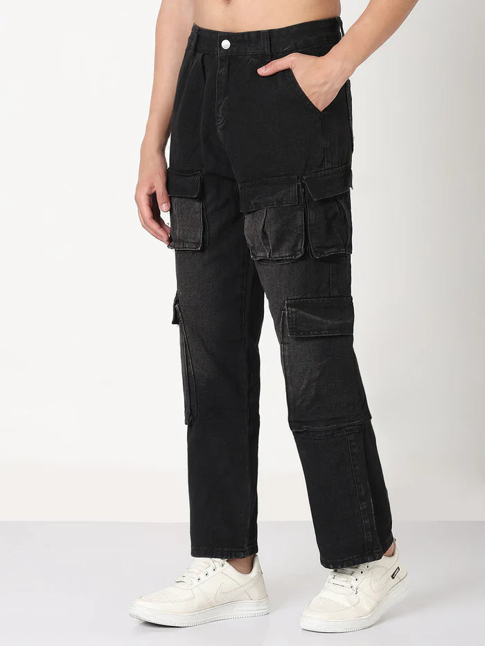 Black Straight Fit Cargo Pants for Men with Comfortable Fabric and Utility Style
