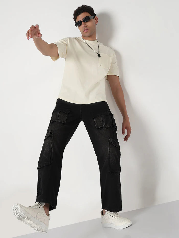 Black Straight Fit Cargo Pants for Men with Comfortable Fabric and Utility Style