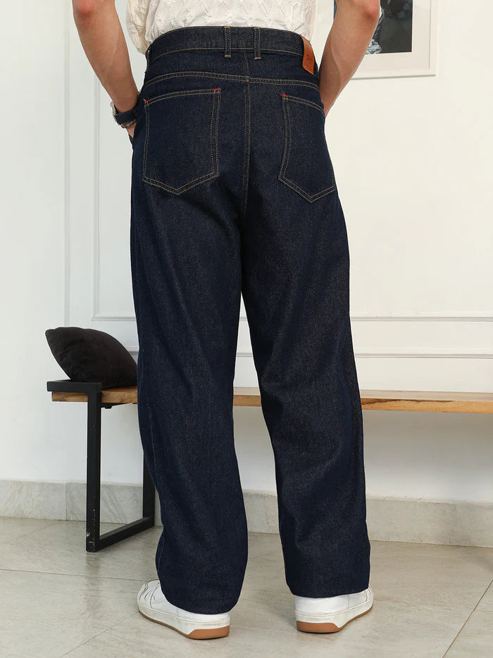 Pleated Denim Jeans for Men with Durable Fabric and Trendy Look