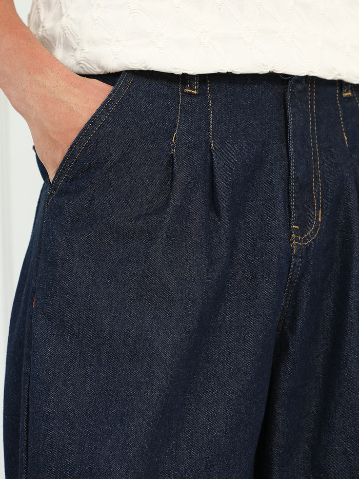 Pleated Denim Jeans for Men with Durable Fabric and Trendy Look