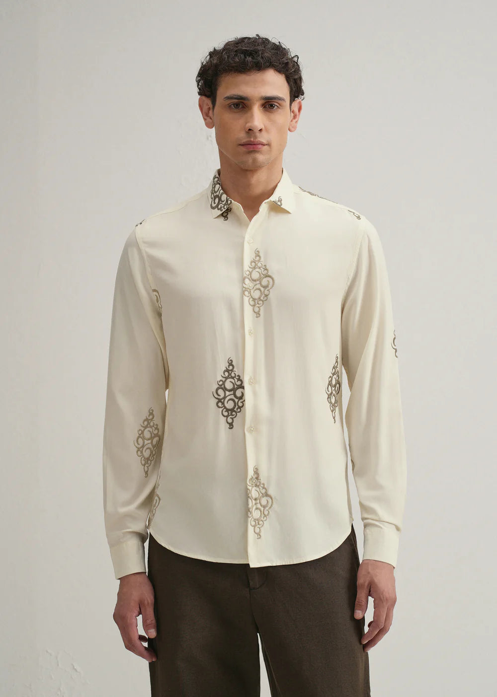 Comfortable Cream Embroidered Shirt for Men Featuring Circular Motif Design