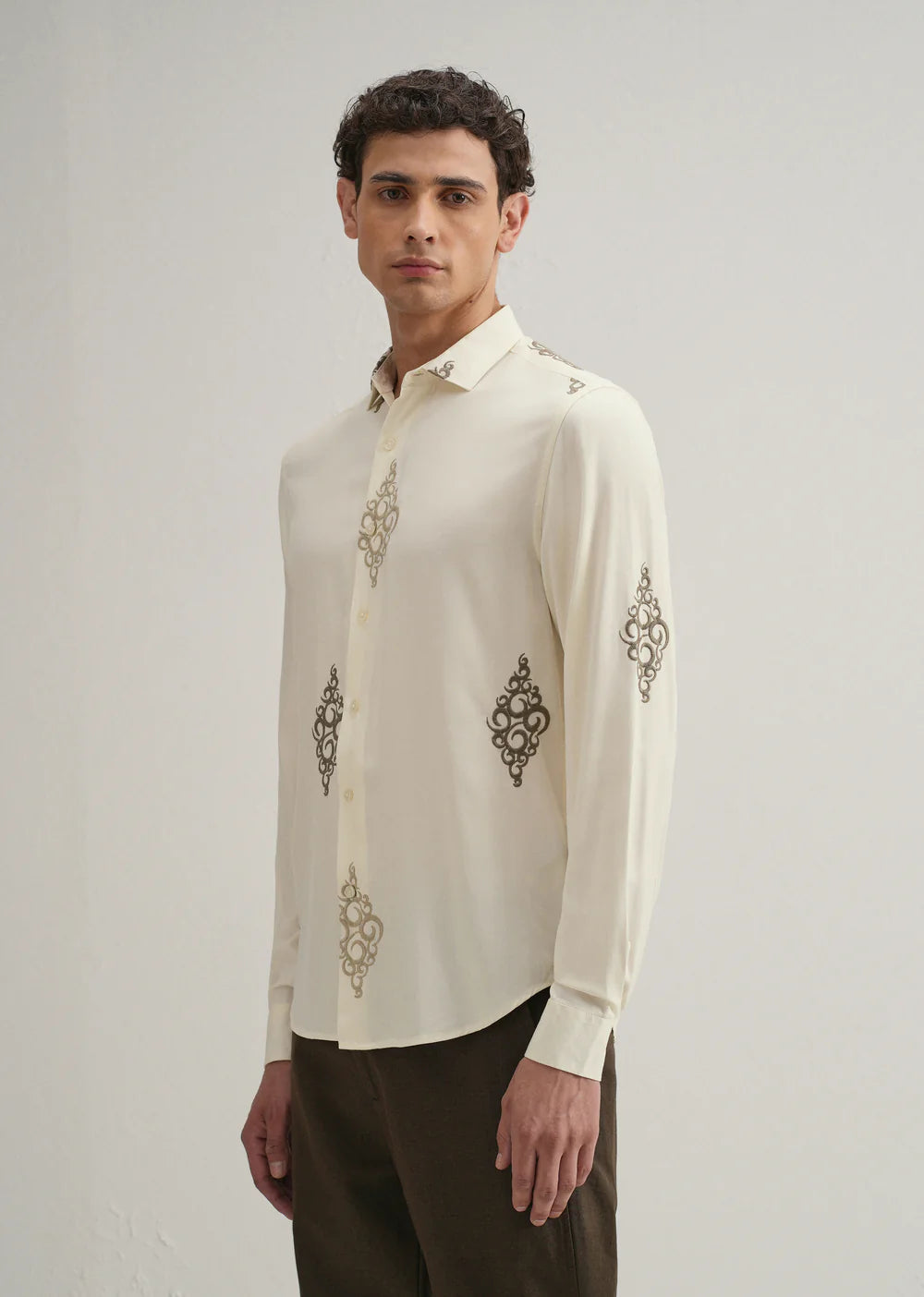 Comfortable Cream Embroidered Shirt for Men Featuring Circular Motif Design